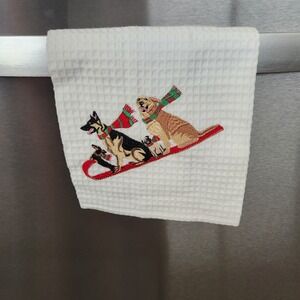 Dogs on Sled Waffle Weave Kitchen Towel White Cotton Christmas Holiday NWT‎